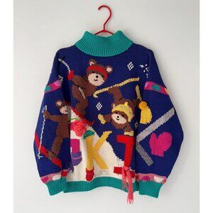 80s vintage colorful novelty teddy bear SKI print Berek thick hand knit sweater